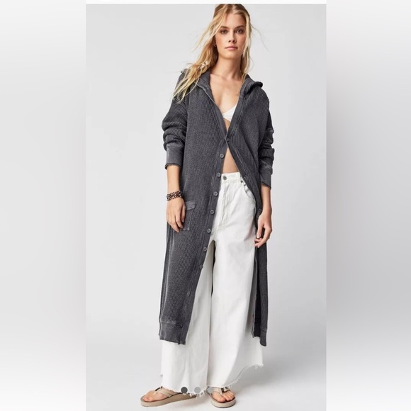 Free People One Harley Cardi Hoodie Maxi Waffle Knit Slouchy Charcoal - Picture 1 of 5